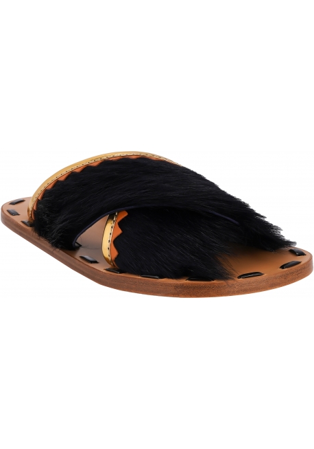 Marni Sandales plates pour femmes en cuir fauve et fourrure noire avec détails or et orange