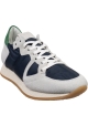 Philippe Model Baskets basses pour femme en daim gris et tissu bleu avec détail vert