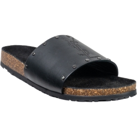 Saint Laurent Sandales plates à enfiler pour femmes en cuir noir avec logo brodé sur la bande