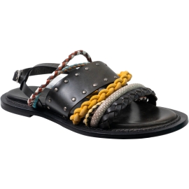 Sartore Sandales plates pour femmes en cuir noir et corde tressée multicolore avec fermeture à boucle