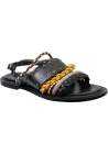 Sartore Sandales plates pour femmes en cuir noir et corde tressée multicolore avec fermeture à boucle