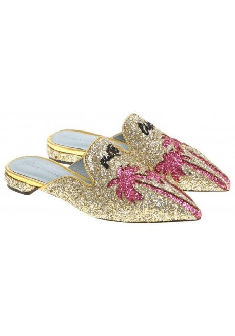 Nu-pieds pointu Chiara Ferragni en paillettes or et fushia