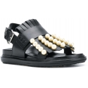 Sandales plates Marni en cuir noir avec franges et perles