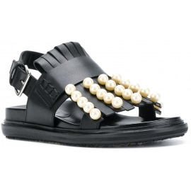 Sandales plates Marni en cuir noir avec franges et perles