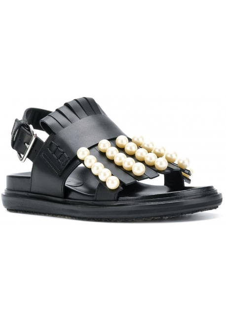 Sandales plates Marni en cuir noir avec franges et perles