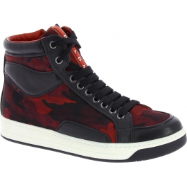 Prada Imprimé camouflage Baskets Montantes pour femme en cuir/tissu rouge noir